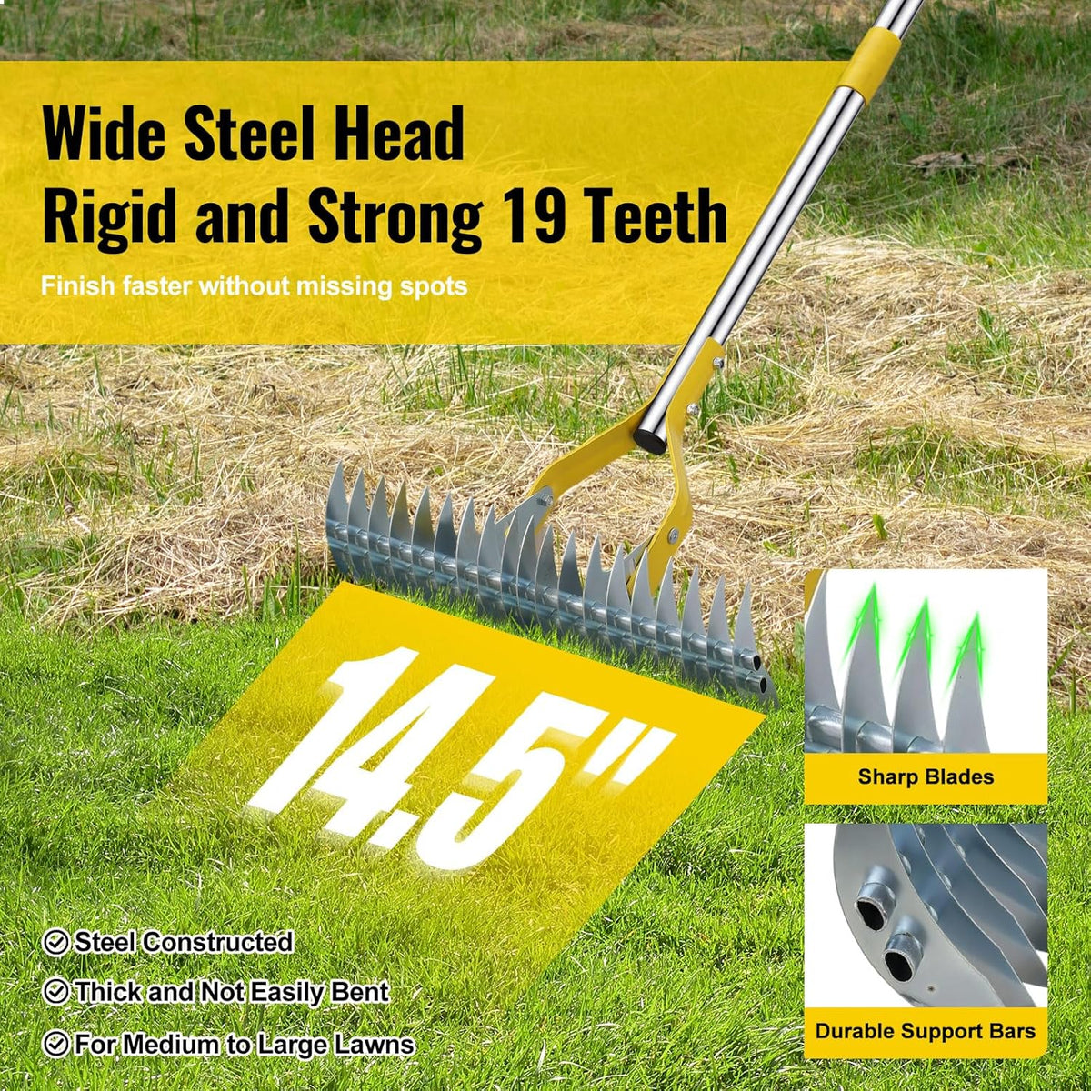 2 in 1 Rake: Stainless Steel Garden Rake for Leaves,Thatch,55” Heavy Duty 19 Tines Lawn Manual Dethatcher with Adjustable Head,Thatching Rakes for Lawn Yard Grass, Debris Removal, Soil Loosening