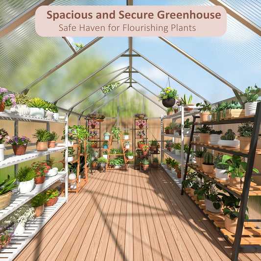 Greenhouse - 8x12 FT Quick Setup Polycarbonate with Roof Vent, Aluminum Large Walk-in for Outside Garden Backyard, Sliver