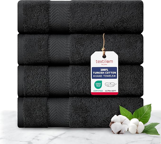 TEXTILOM 100% Turkish Cotton 4 Pcs Hand Towel Set, Luxury Hand Towels for Bathroom, Soft & Absorbent Bathroom Hand Towels Set (16 x 28 inches)- Black