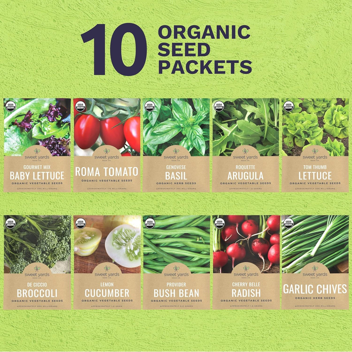 Organic Container Garden Seeds Variety Pack - 10 Individual Packs - 2025 Season - Ruquette arugula, Genovese Basil and More! for Indoor & Outdoor Planting (Non-GMO, Certified Organic)