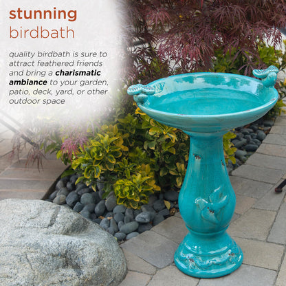 Alpine Corporation 25" Tall Outdoor Ceramic Antique Pedestal Birdbath with 2 Bird Figurines, Turquoise