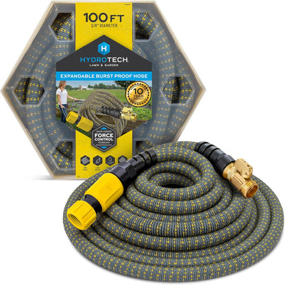 HydroTech 100 ft Expandable Garden Hose with Patented Force Control Technology - 5/8" No-Kink Flexibility, Lightweight Hose for Lawn, Garden, Car Washing, Deck and Patio Cleaning