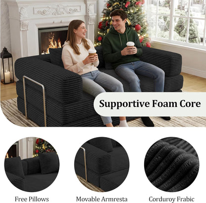 59 Inch Convertible Sofas Bed, 5-in-1 Futon Sofa Pull Out Sleeper Couch, Couches for Living Room, Corduroy Floor Compression Loveseat for Bedroom, Apartment, No Assembly, Black, 2 Seat