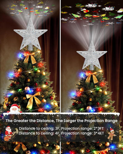 Winpull Christmas Tree Topper Star Lighted with 32.8ft Breathing Flickering Light Cord & 6 LED Projection Modes, Silver Christmas Star Topper for Indoor Xmas Holiday Tree Decoration