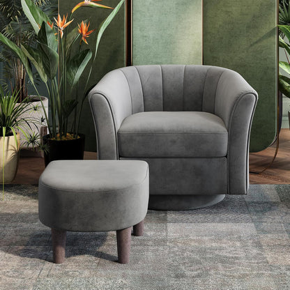 LINSY Large Swivel Accent Chair with Ottoman, Velvet Barrel Chair with Footrest, Modern Upholstered Comfy Reading Chair Armchair for Living Room, Bedroom, Study Room, Office, Grey