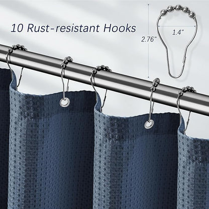 Navy Blue Shower Curtain Waffle Weave 60 Inches Heavy Fabric Duty Shower Curtains for Stall, Water Repellent 256GSM Weighted Modern Bathroom Shower Curtains with 10 Metal Hooks, 60Wx72H