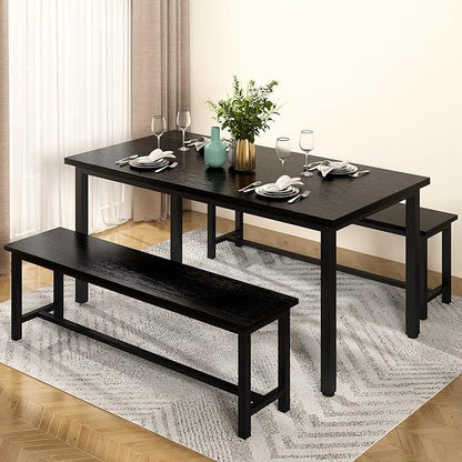 AWQM Dining Table Set with Two Benches, Kitchen Table Set for 4-6 Persons, Kitchen Table of 47.2 x 28.7 x 28.7 Inches, Bench of 41.3 x 11.8 x 17.7 Inches Each, Black