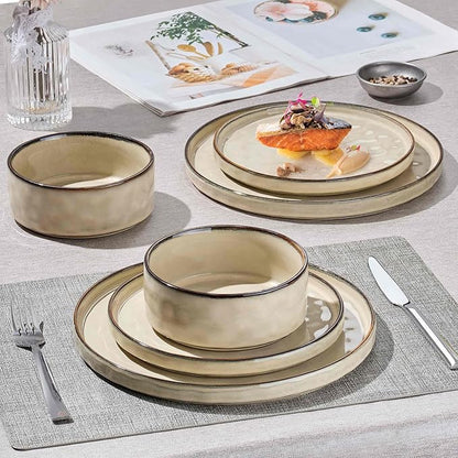 Herogo Plates and Bowls Dinnerware Sets for 8, 24 Pieces Stoneware Dishes Sets, Dinning Dishes for Kitchen, Dishwasher & Microwave Safe, Cream Khaki