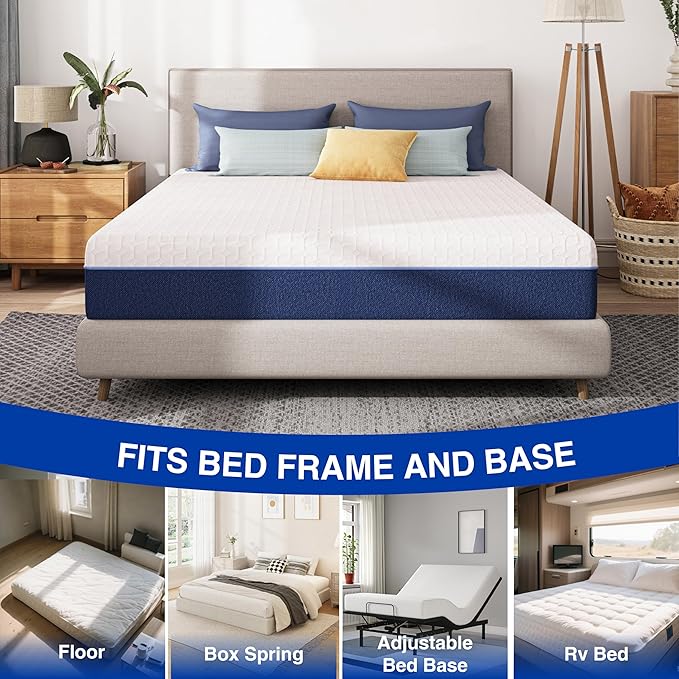 8 Inch Queen Gel Cooling Memory Foam Mattress, Pressure Relief, Medium Firm Support，Mattress in a Box, CertiPUR-US Certified