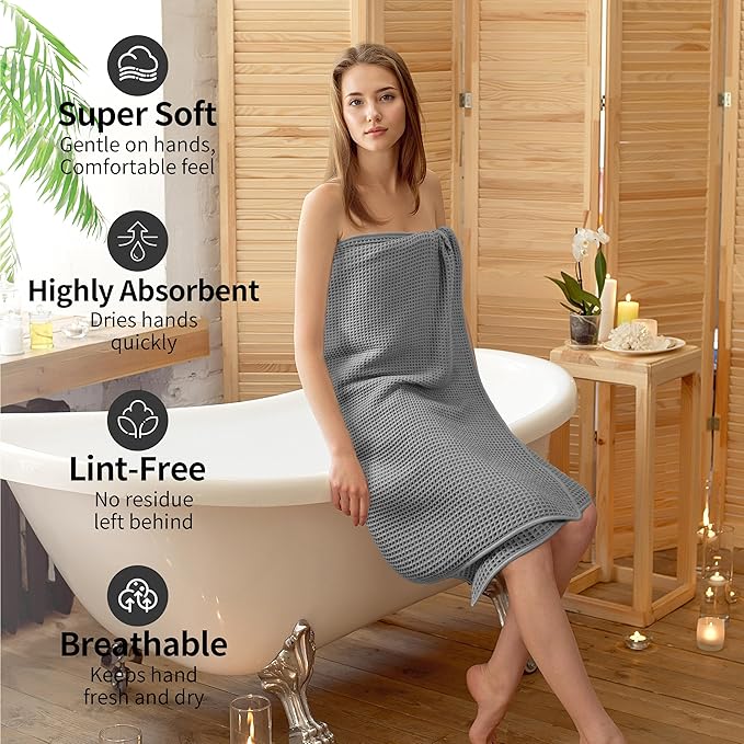 New Microfiber Waffle Bath Towels, 2 Pieces, Oversized, Soft, Absorbent, Fast Drying, Lint Free (Gray+White)