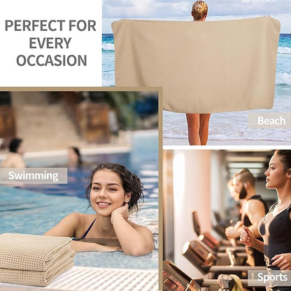 New Microfiber Waffle Bath Towels, 2 Pieces, Oversized, Soft, Absorbent, Fast Drying, Lint Free (Beige)