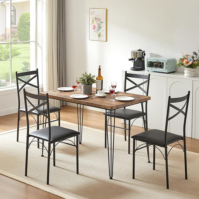 VECELO Kitchen Dining Room Table Set with 4 Chairs for Small Space, Apartment,Metal Steel Frame