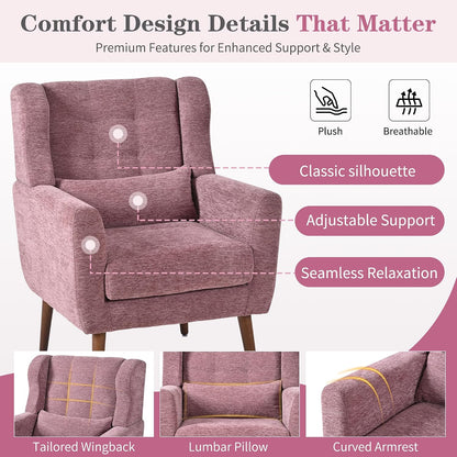 Modern Accent Chair, Upholstered Armchair with Pillow, Fabric Single Sofa Chair with Lounge Seat Solid Wood Legs Accent Chair for Living Room Bedroom Small Spaces (Purple)