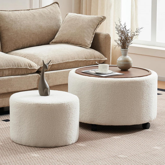 28 Inch Round Storage Ottoman with Wheels Set of 2, Multifunctional Coffee Table Ottoman with Removable Solid Wood Lid, Modern Circle Ottoman Foot Rest for Living Room, Bedroom, Beige