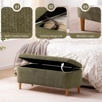39.4”Ottoman with Storage,Upholstered Comfy Storage Bench Ottoman with Wooden Legs,End of Bed Bench Footstool for Hallway Entryway Bedroom Living Room Green