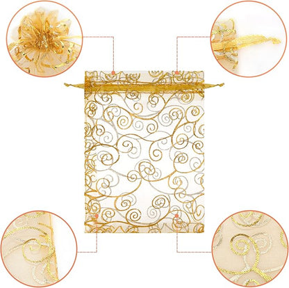 Staruby Organza Gift Bags 50 Pcs Gold Sheer Organza Bag 6x8 Inch Mesh Favor Bags Drawstring Jewelry Rattan Printed Gift Pouches for Wedding Party Favors Couple Shower Christmas Gifts Candy Bags