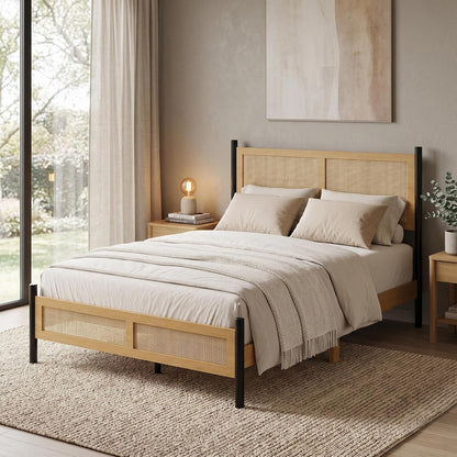 Rattan Queen Size Bed Frame, Wooden Platform Bed with Rattan Headboard