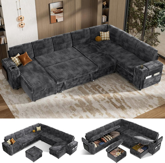 Vipbear 130" Modular Sectional Sleeper Sofa with Pull Out Bed, 9 Seat Corduroy L Shaped Couch with Ottoman and Chaise|USB Ports|Cup Holders|Side Table, Tool Free Assembly, Grey