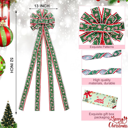 Christmas Tree Topper Wreath Bow Large Green Christmas Bow Tree Topper 52"x13" Red and Green Cane Patterned Gift Bows for Xmas Holiday Home Wedding Thanksgiving Indoor/Outdoor Decoration