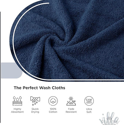 100% Cotton Wash Cloth for face & Body Set of 12, (12 x 12 inches) Sustainable, Soft, Highly Absorbent, Combed Cotton Wash Cloths Pack of 12 for Hotels, Spa, Bathroom, Dorm, Navy Blue