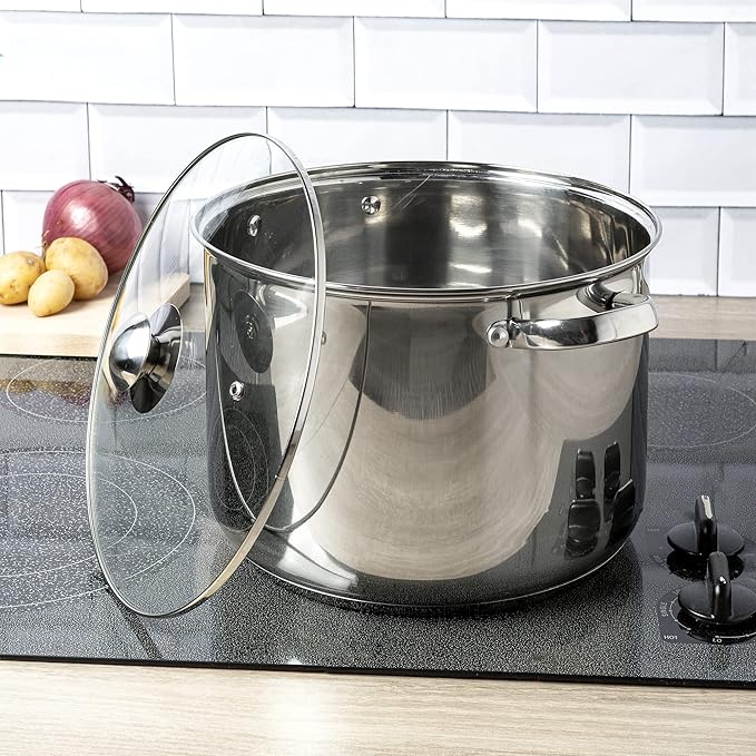 Ecolution Pure Intentions Stock Pot - Features Tempered Glass Lid, Stay-Cool Handles, and Encapsulated Bottom - Oven Safe - Curbside Recyclable Stainless Steel - 12 Quarts