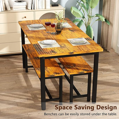 Lamerge Kitchen Table Set with 2 Benches 4 Person Dining Room Table Set for Home Kitchen, Dining Room, Restaurant, Space Saving, Rustic Brown, 43.3''L x23.6''W x28.5''H (43F)