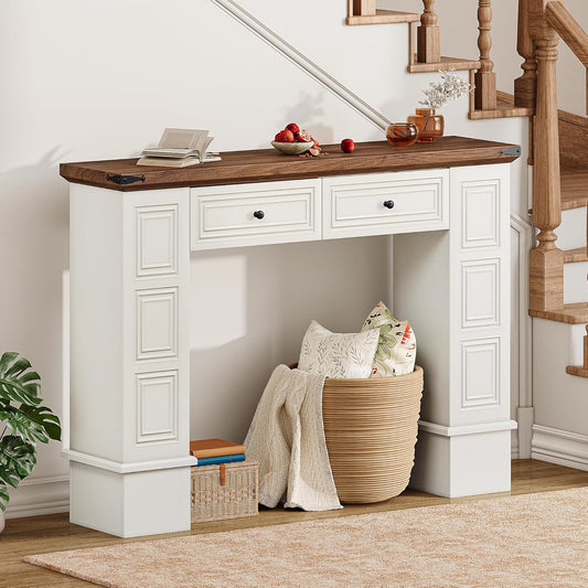 YITAHOME Farmhouse Console Table for Entryway with Storage, Narrow Long Sofa Table Furniture with Non-tip Kit, Behind Couch Table for Hallway, Living Room & Bedroom, Off White & Walnut