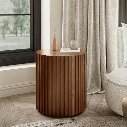 POVISON Fluted Side Set of 2, 20.08" Round End Side Table with Fluted Design for Living Room Bedroom Office, Light Walnut