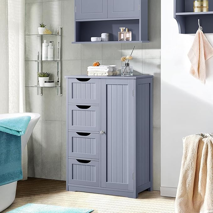 Yaheetech Bathroom Floor Cabinet, Freestanding Storage Organizer Unit Kitchen Cupboard W/ 4 Drawers & Adjustable Shelves, Using for Kitchen/Bathroom, Gray