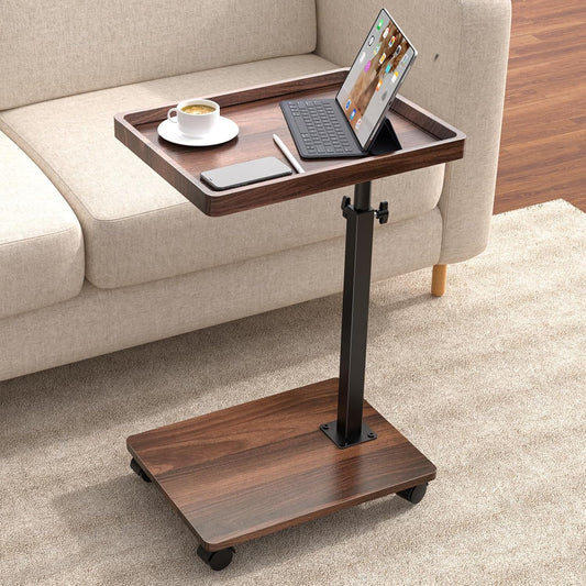 C Table End Table Adjustable Height, 360°Swivel TV Tray Table for Small Spaces, Couch Tables That slide under, C Shaped Side Tables living room and bedroom for Sofa, Bed,Chair, Snack (1, Walnut Brown)