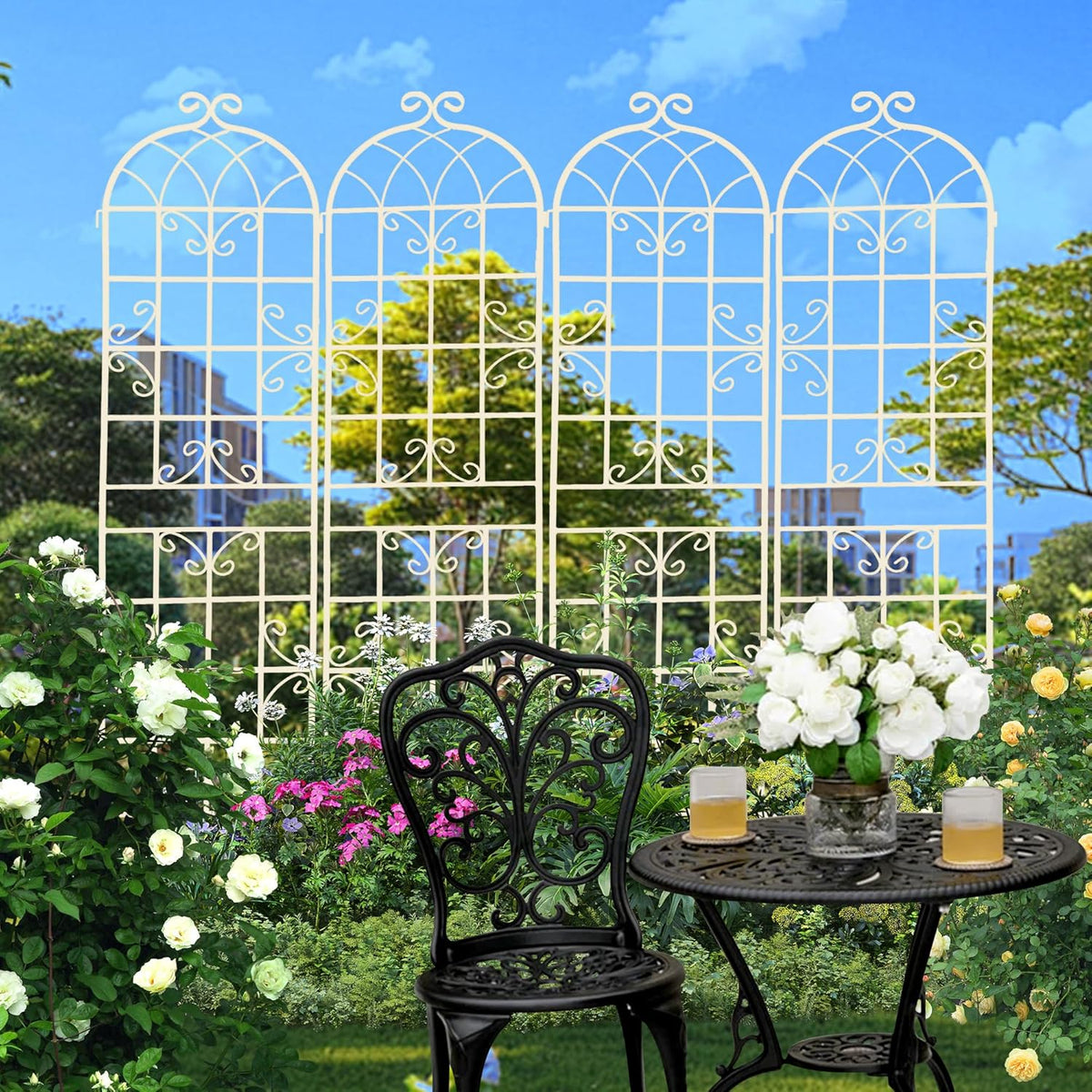 4 Pack Metal Garden Trellis 71" Fence Rustproof Garden Trellis for Climbing Plants Support Roses Flower Outdoor Lawn, Cream White