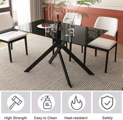 51" Rectangular Glass Dining Table Modern Kitchen Glass Top Table for 4 with Black Metal Legs, Clear Dining Table Kitchen Table for Home Office Dining Room