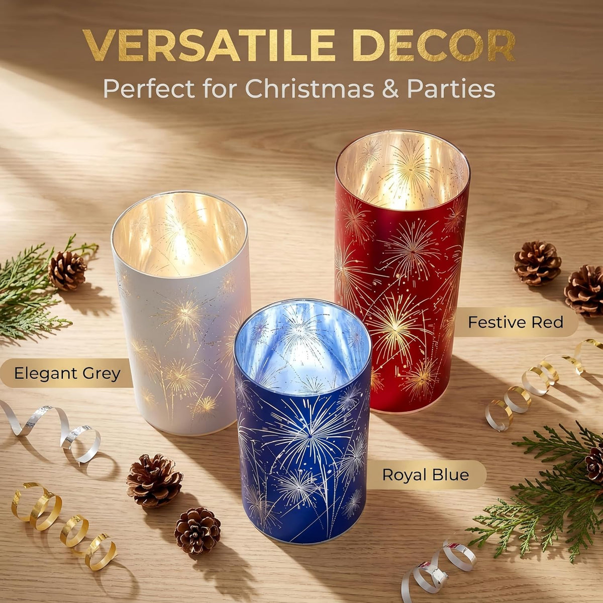 Set of 3 Red White and Blue Celebration Hurricane Firework Lanterns | 3D Etched Starburst Patriotic Led Candles Lights Hurricanes for Birthday Wedding Christmas Parties Chic Modern Home Decor