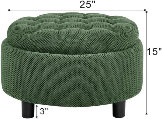 25Inch Round Storage Ottoman with Tray, ModernTufted Fabric Circle Coffee Table with Storage, Upholstered Ottoman with Removable Top for Living Room, Bedroom. (Dark Green + Wood+Fabric + Foam)