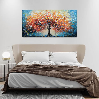 Zoyotago Large Canvas Wall Art for Living Room Bedroom Home Office Orange Yellow Tree of Life Wall Art Modern Hand-painted Oil Painting Size 29x59