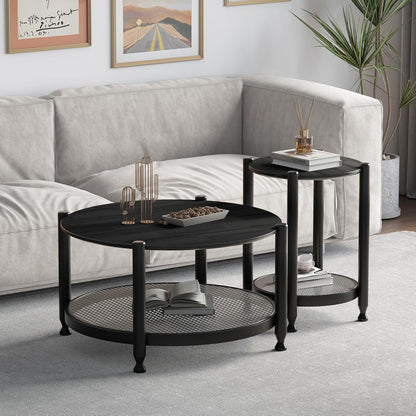 Farmhouse Round Nesting Coffee Table Set of 2, Solid Wood Round Coffee Table and End Table Set with Woven Rattan Storage Shelf, Black