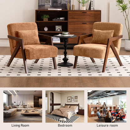 Mid-Century Modern Accent Chair Set of 2 with Solid Wood Frame，Upholstered Chenille Living Room Arm Chairs with Pillow for Bedroom, Living Room, Reading Room, Balcony, Brown