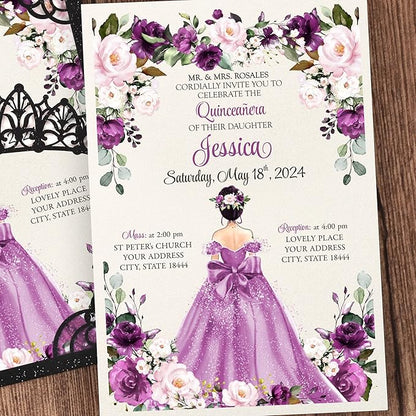 50Pcs Purple Crown Invitations for Quinceanera, 15 year, Sweet 16, Miss XV, Birthday Laser Cut Quince Invitation Cards Personalized Pearlized Black