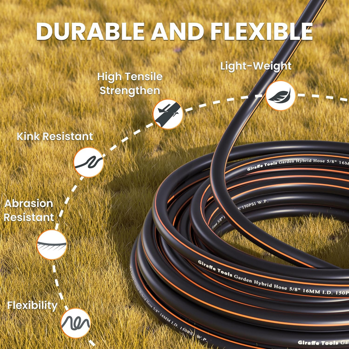 Giraffe Tools Garden Hose 50ft x 5/8", Water Hose Heavy Duty, Flexible, Lightweight Hybrid Hose with Swivel Handle, Male to Female Fittings, Burst 600 PSI