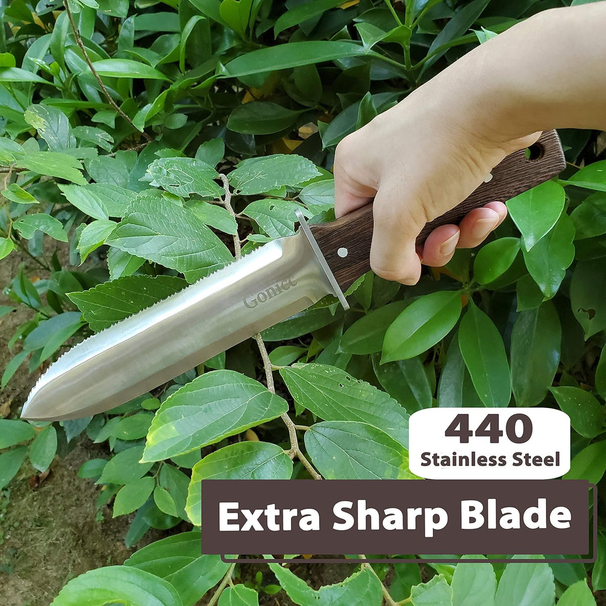 gonicc Professional Hori Hori Garden Knife with Leather Sheath, Protective Handguard, High polished 440 Stainless Steel Blade, Sharpening Stone Included, for Weeding, Digging, Pruning, and Cultivating