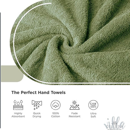 100% Cotton Hand Towel Set of 4, (16 x 28 inches) Sustainable, Soft, Highly Absorbent, Quick Drying, Combed Cotton Hand Towels Pack of 4 Ideal for Hotels, Spa, Bathroom, Dorm, Sage