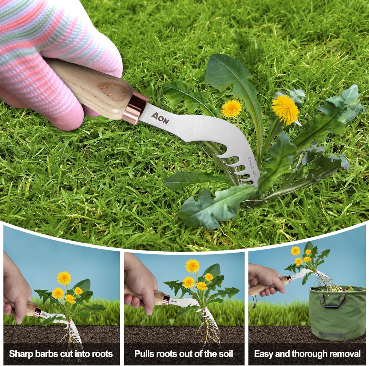 AON 2-Pack Hand Crack Weeder Puller Tool Set - Made with Heat Treated Steel and Ash Wood Ergonomic Handles, Weeding Tools Ideal for Gardens and Patio Lawns to Effectively Pull Out Weeds & Their Roots
