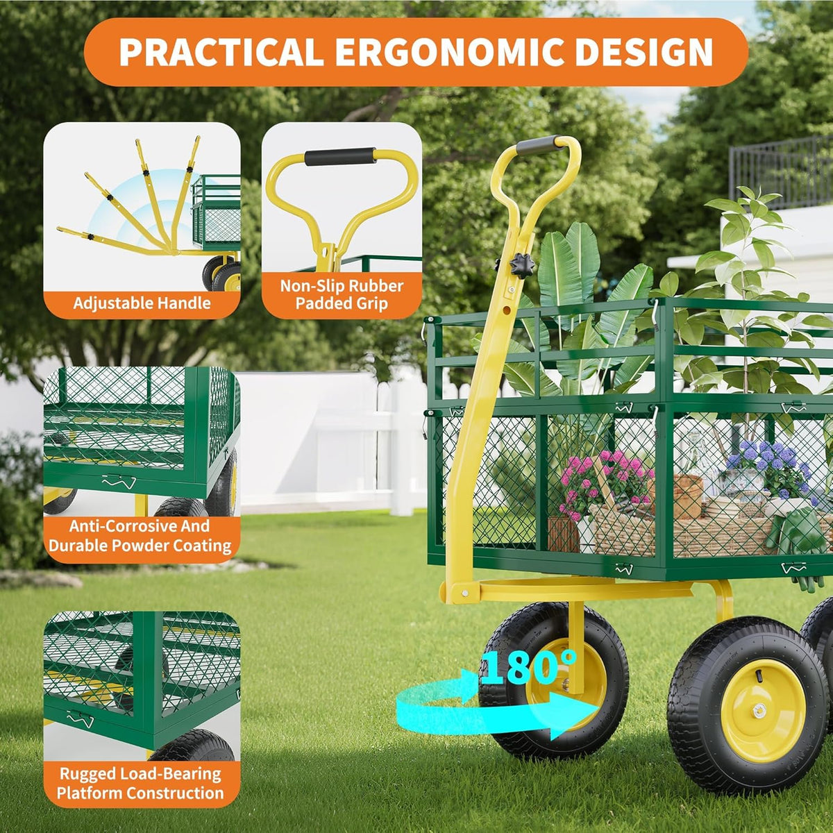 Metal Wagon - 1400lbs Garden Cart with 10" Multi-Terrain Tires, 4 Removable Mesh Sides & 180° Swivel Handle, Yard Wagon Cart for Lawn, Yard, Patio Gardening