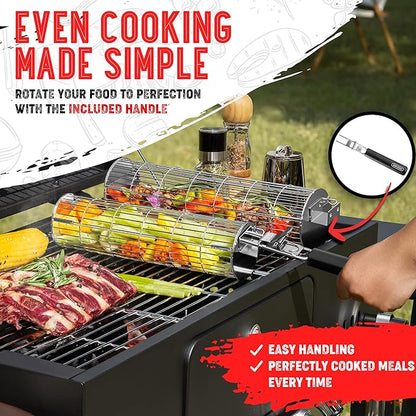 Rolling Grill Basket, New Opening Design, Extra Sturdy Cylinder Grilling Basket, Food Grade Stainless Steel, Large Portable Outdoor Camping accessories BBQ Net Rack, Cooking Griller for Fish, Vegetables, and More - Gifts for Men Dad Husband - Set of 2