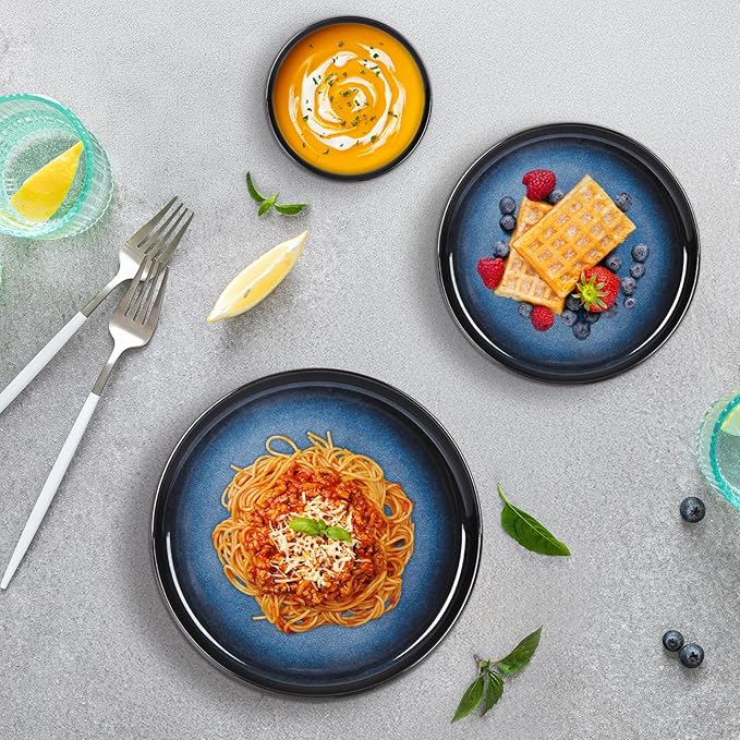 Romswi Ceramic 18Pcs Dinnerware Sets,Stoneware Plates and Bowls Set for 6, Chip & Scratch Resistant Dish Set, Handmade Reactive Glaze, Oven, Microwave & Dishwasher Safe, Dreamy Moonlight-Blue