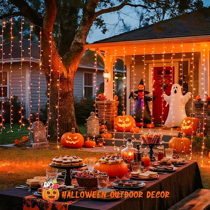 JMEXSUSS 300LED Orange Halloween Lights with Remote, 9.8x9.8ft Halloween Curtain Light, 8 Modes Orange Hanging String Lights Plug in for Fall Bedroom Thanksgiving Window Party Indoor Outdoor Decor