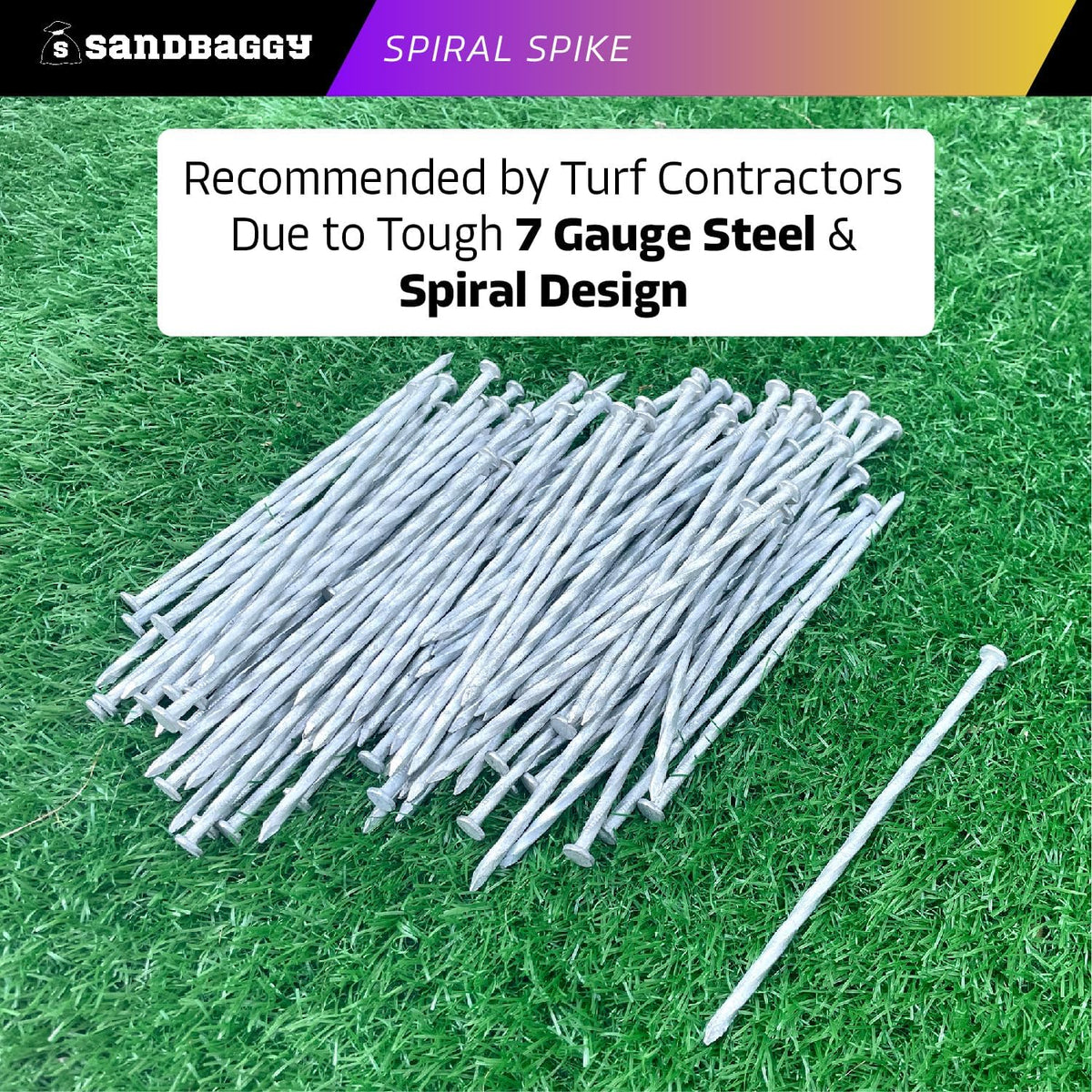 Sandbaggy 6 Inch Galvanized Artificial Turf Stakes - Spiral Landscape Nails - Ground Spikes/Pins for Synthetic Grass, Lawn, Edging, Weed Barrier Fabric, Garden (Steel (7 Gauge), 1000)