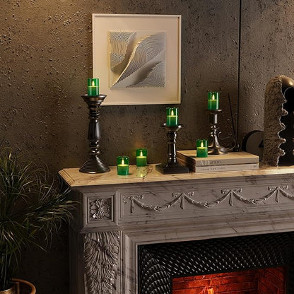 6Pack Flickering Flameless LED Candles with Timer, Battery Powered - Small Pillar & Votive, Green (2"X3")