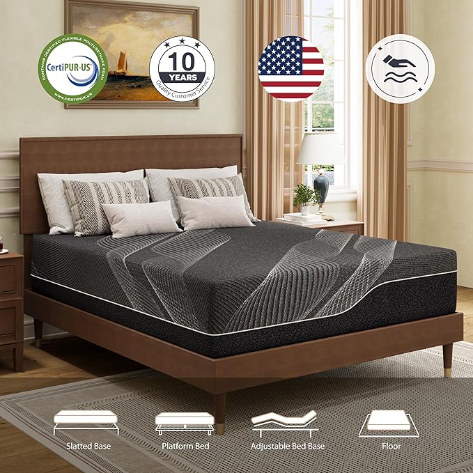 Queen Mattress 14 Inch Charcoal Memory Foam in a Box, CertiPUR-US Certified, Fiberglass Free, Gel Double Mattress, Made in The USA of US Foam, 80" × 60" × 14", Medium