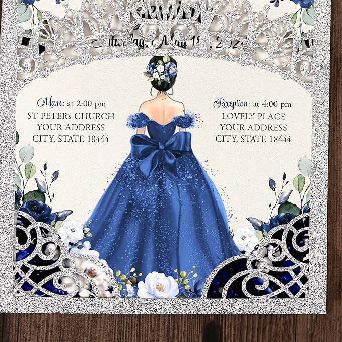 50Pcs Navy Blue Crown Invitations for Quinceanera, 15 year, Sweet 16, Miss XV, Birthday Laser Cut Quince Invitation Cards Personalized Glitter Silver